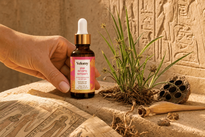 Растение сыть круглая (Cyperus rotundus) рядом с флаконом Velomy